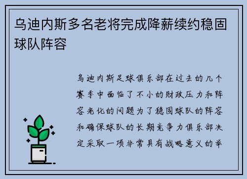 乌迪内斯多名老将完成降薪续约稳固球队阵容 乌迪内斯多名老将完成降薪续约稳固球队阵容